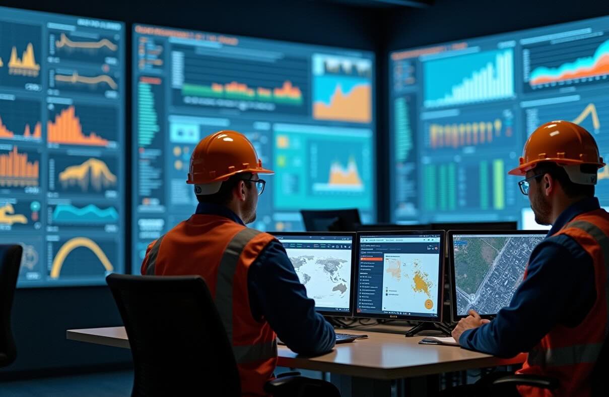 Techniciens d'Acro-Pôles Services analysant des données de sécurité pour une amélioration continue des procédures.