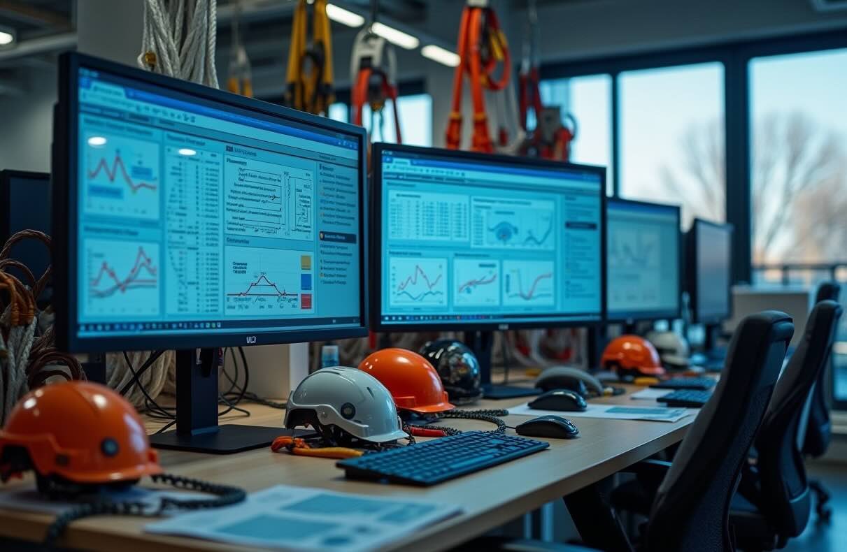 Ordinateurs équipés de logiciels de gestion des risques et de traçabilité chez Acro-Pôles Services pour une sécurité optimale.